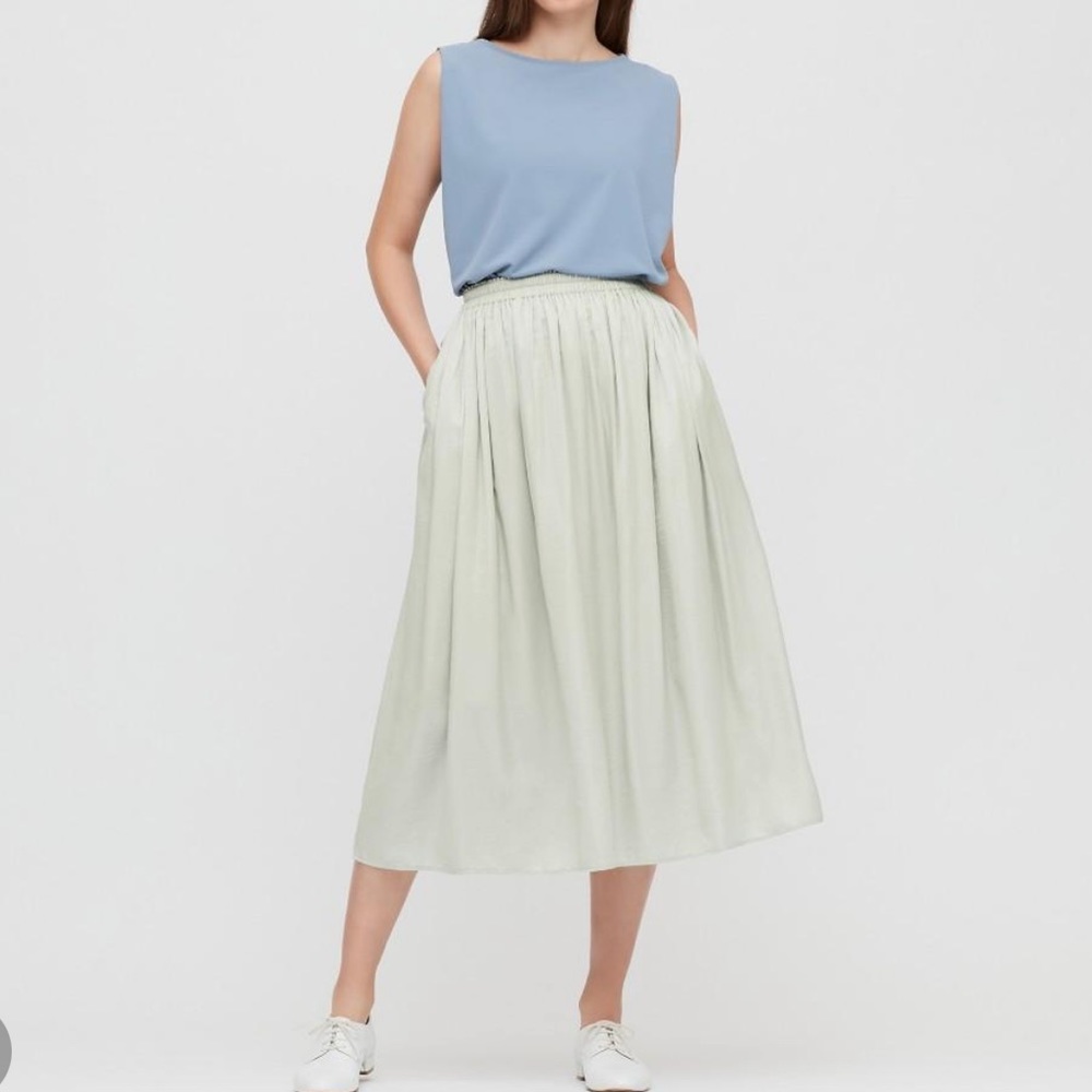 Uniqlo Light Blue Top with Pale Sage Midi Skirt